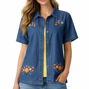 VTG LEMONGRASS Floral Embroidered Chambray 2Fer Short Sleeve Granny Shirt